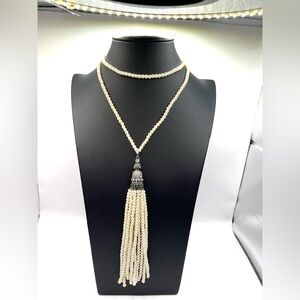 Vintage Long Classic White Seed Bead Pearl Necklace with Rhinestone Tassel